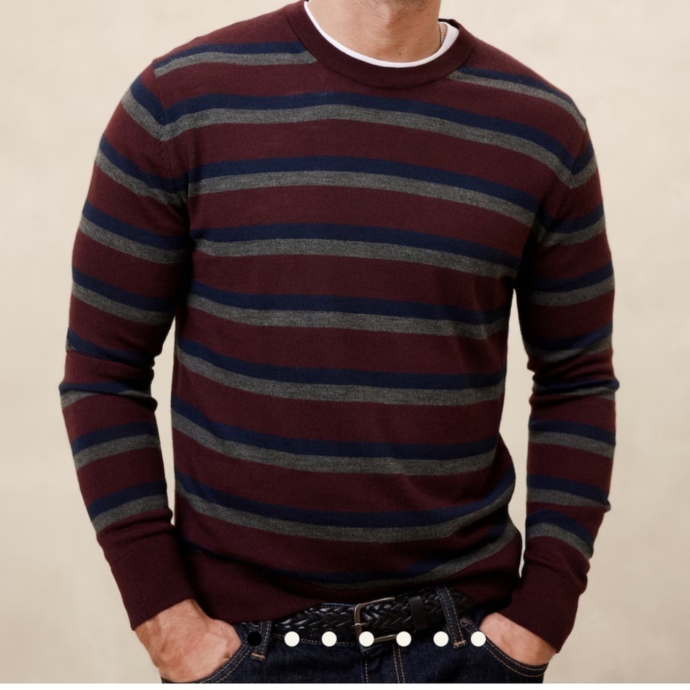 Y2K Banana Republic Merino Wool Burgundy Gray Stripped Crew Neck Sweater Size XL